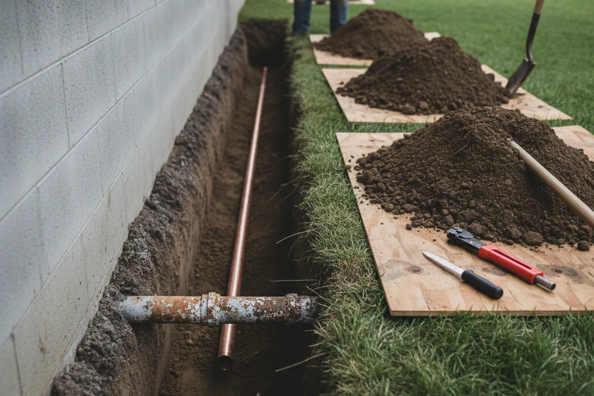 Excavated water line trench during Water Softener Installation in Fort Hunter